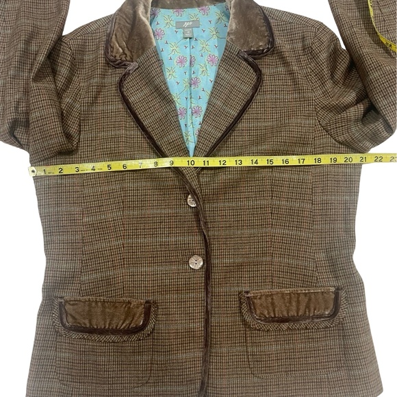 J. Jill Brown/Tweed Wool Plaid Velvet Trim Blazer Jacket Pearl buttons Sz 12 - Picture 9 of 13